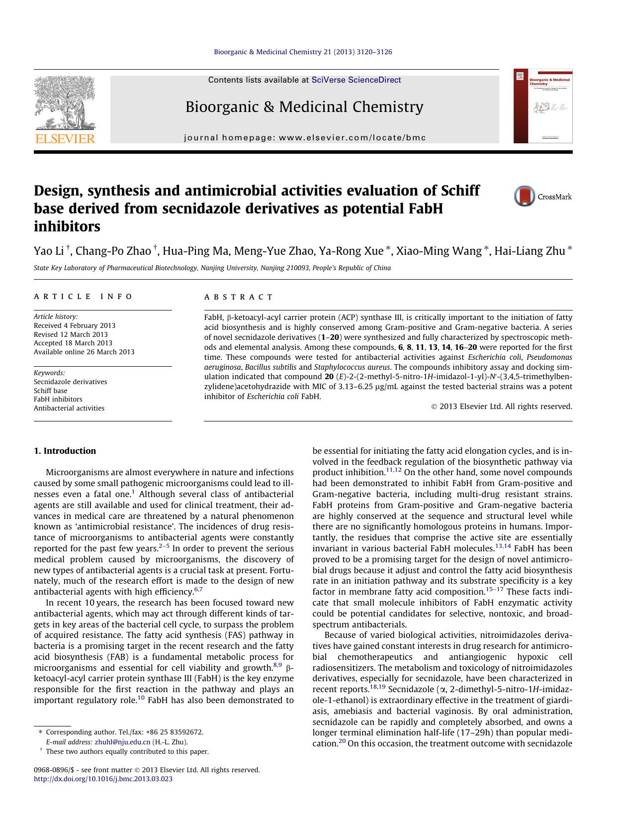Design, synthesis and antimicrobial activities evaluation of Schiff base derived from secnidazole derivatives as potential FabH inhibitors by Yao Li & Chang-Po Zhao & Hua-Ping Ma & Meng-Yue Zhao & Ya-Rong Xue & Xiao-Ming Wang & Hai-Liang Zhu