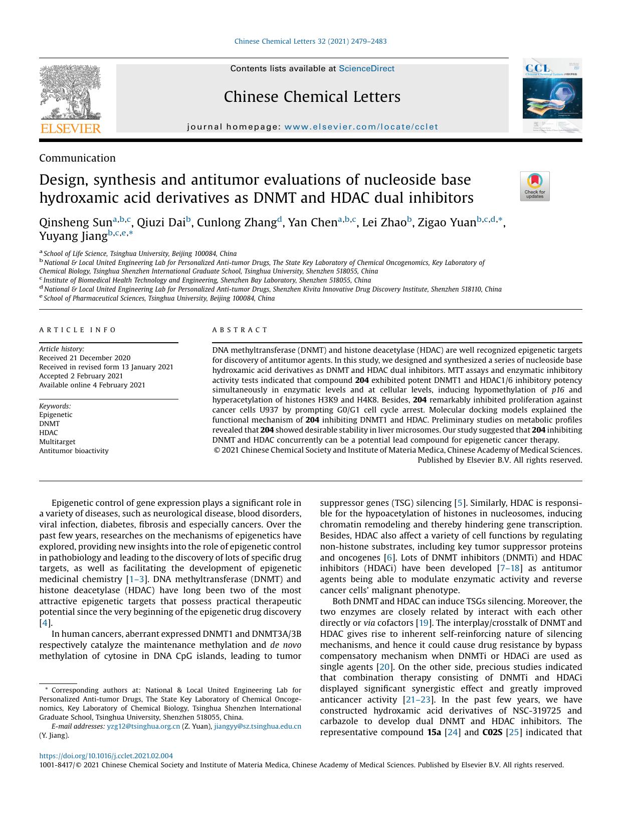 Design, synthesis and antitumor evaluations of nucleoside base hydroxamic acid derivatives as DNMT and HDAC dual inhibitors by Qinsheng Sun