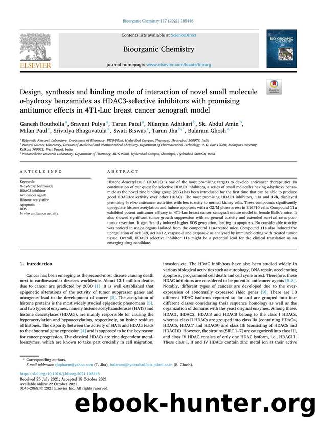 Design, synthesis and binding mode of interaction of novel small molecule o -hydroxy benzamides as HDAC3-selective inhibitors with promising antitumor effects in 4T1-Luc breast cancer xenograft model by unknow