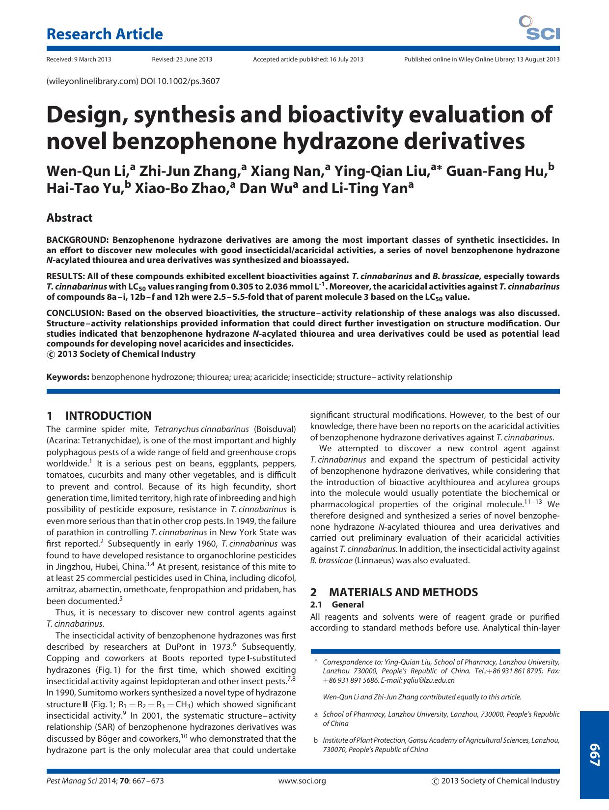 Design, synthesis and bioactivity evaluation of novel benzophenone hydrazone derivatives by Unknown
