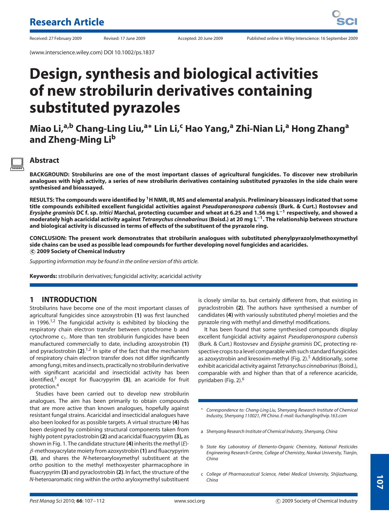 Design, synthesis and biological activities of new strobilurin derivatives containing substituted pyrazoles by Unknown