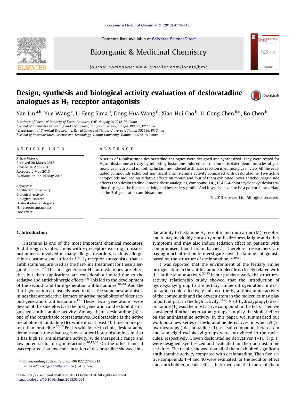 Design, synthesis and biological activity evaluation of desloratadine analogues as H1 receptor antagonists by Yan Lin & Yue Wang & Li-Feng Sima & Dong-Hua Wang & Xiao-Hui Cao & Li-Gong Chen & Bo Chen