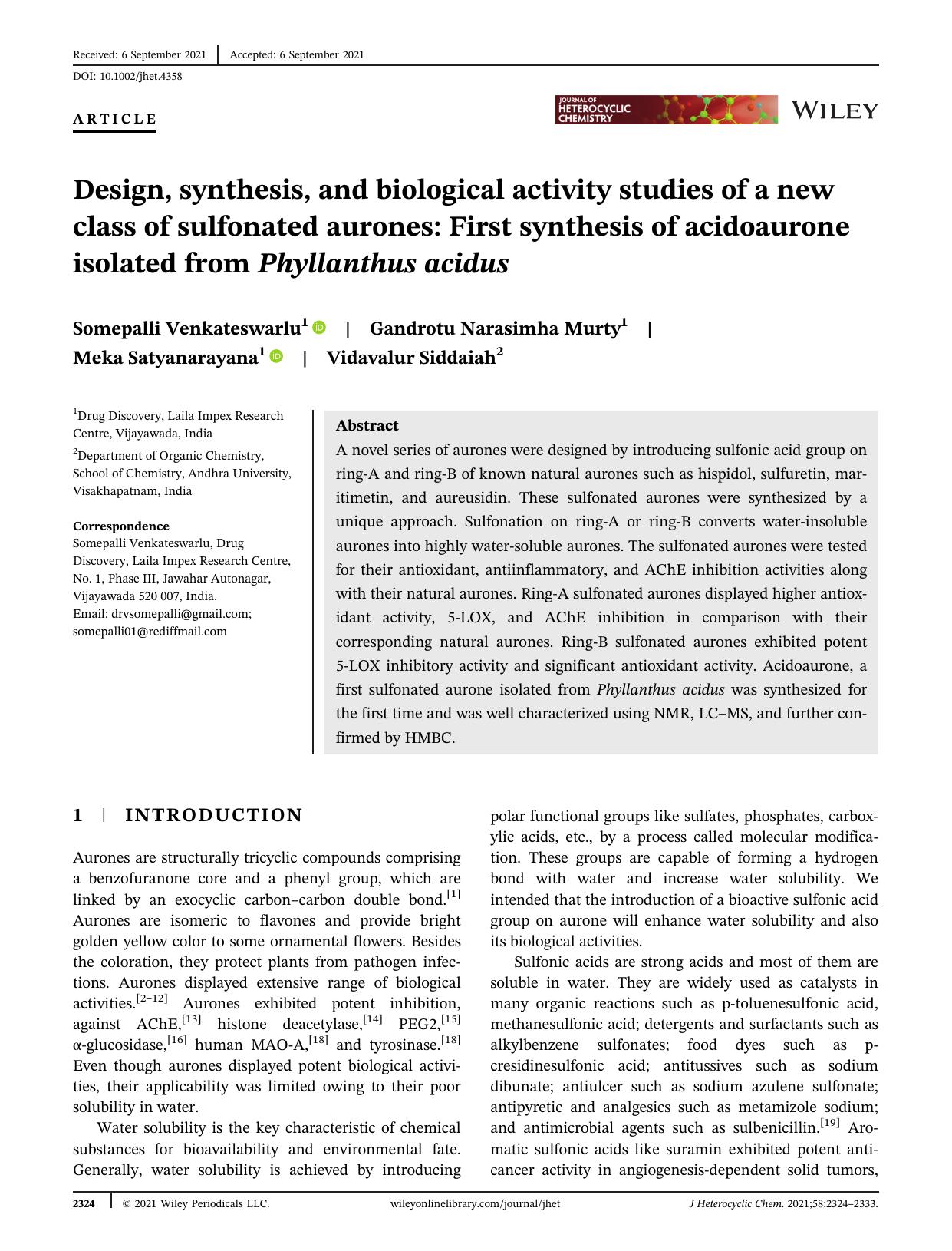 Design, synthesis and biological activity studies of a new class of sulfonated aurones. First synthesis of acidoaurone isolated from Phyllanthus acidus by Unknown