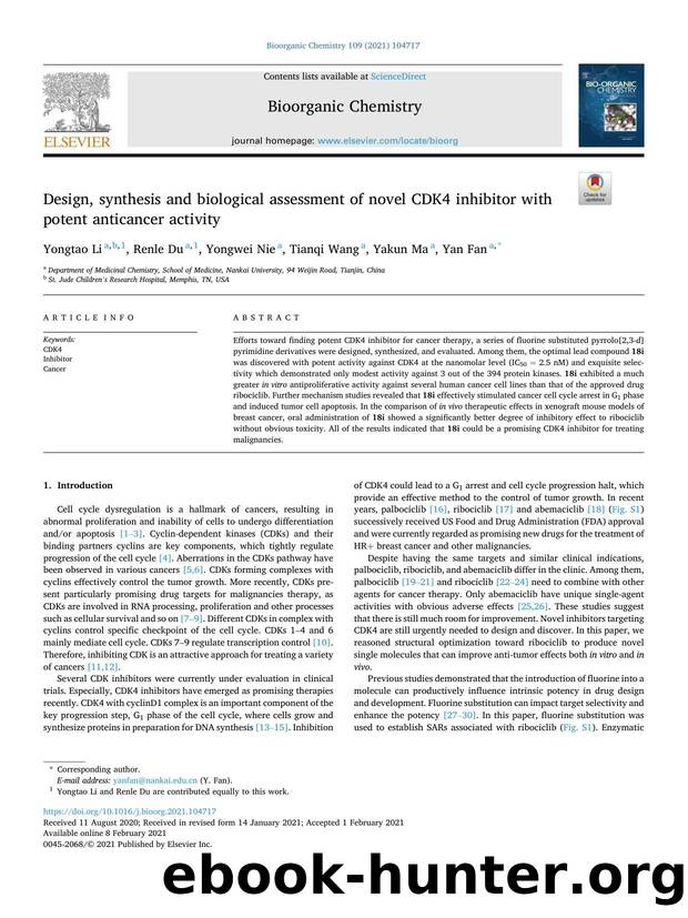 Design, synthesis and biological assessment of novel CDK4 inhibitor with potent anticancer activity by Yongtao Li & Renle Du & Yongwei Nie & Tianqi Wang & Yakun Ma & Yan Fan