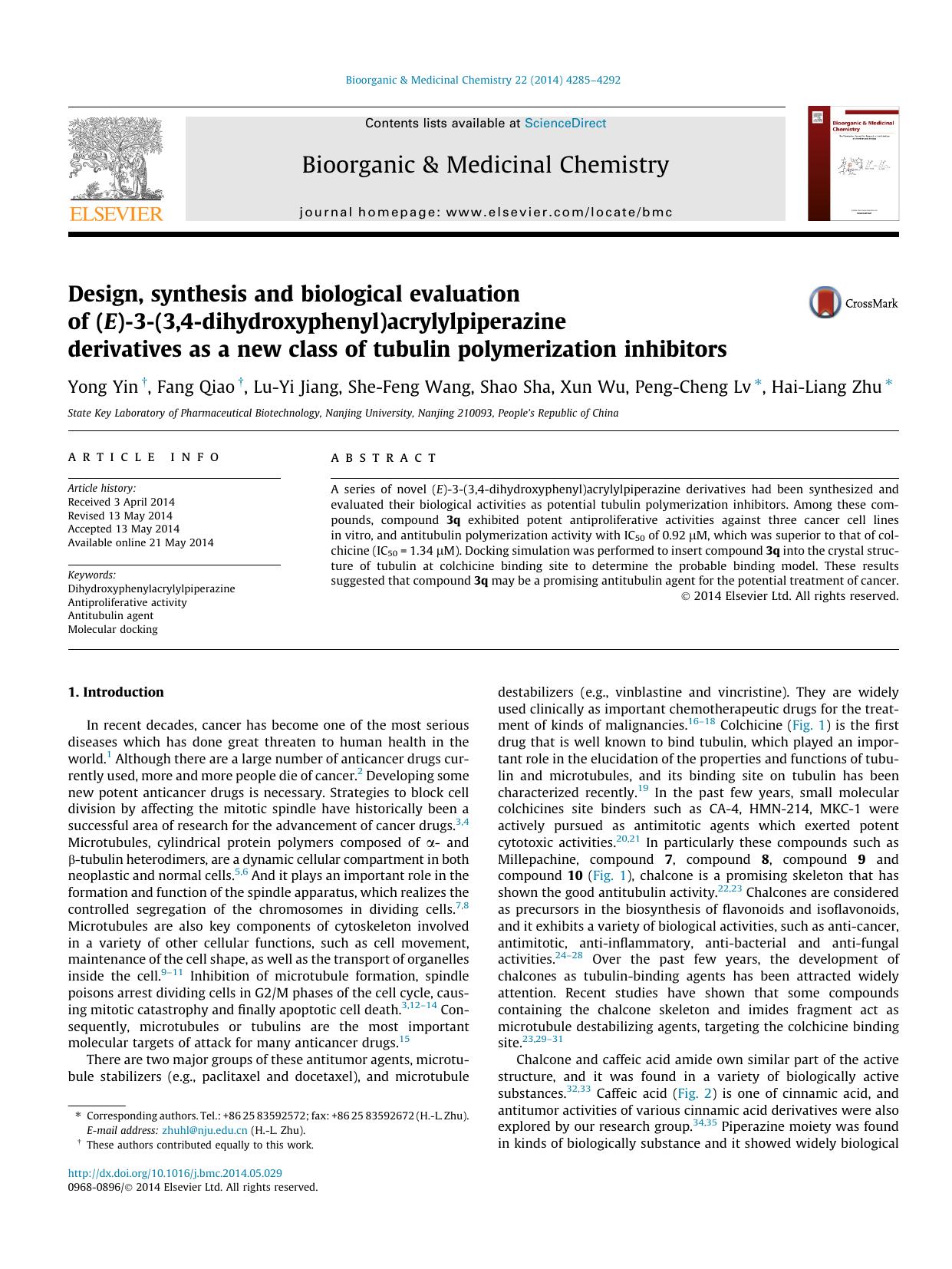 Design, synthesis and biological evaluation of (E)-3-(3,4-dihydroxyphenyl)acrylylpiperazine derivatives as a new class of tubulin polymerization inhibitors by unknow