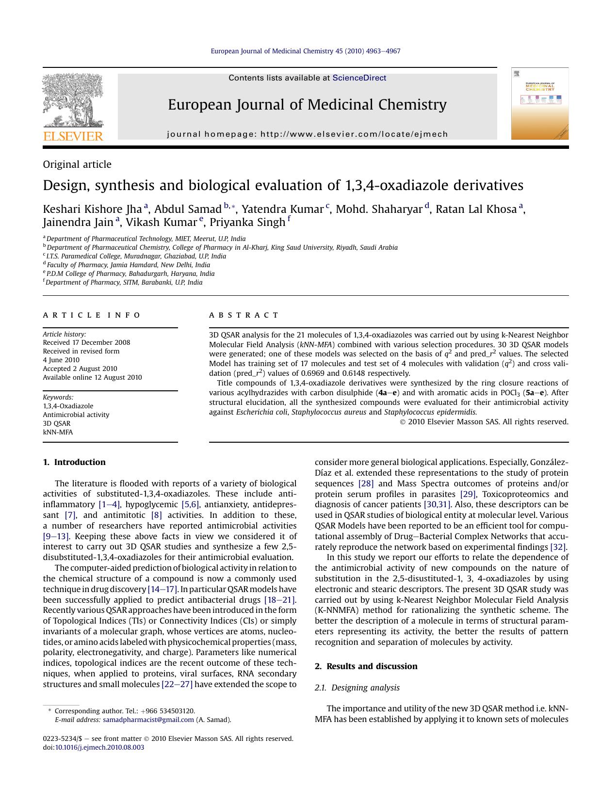 Design, synthesis and biological evaluation of 1,3,4-oxadiazole derivatives by unknow