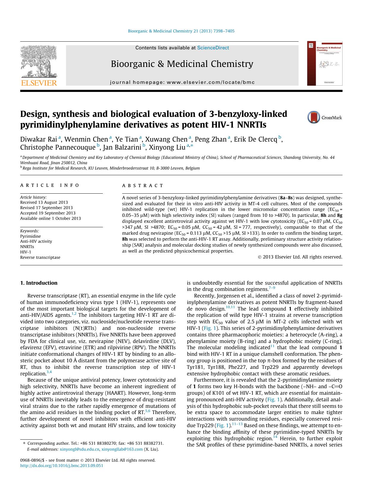 Design, synthesis and biological evaluation of 3-benzyloxy-linked pyrimidinylphenylamine derivatives as potent HIV-1 NNRTIs by unknow