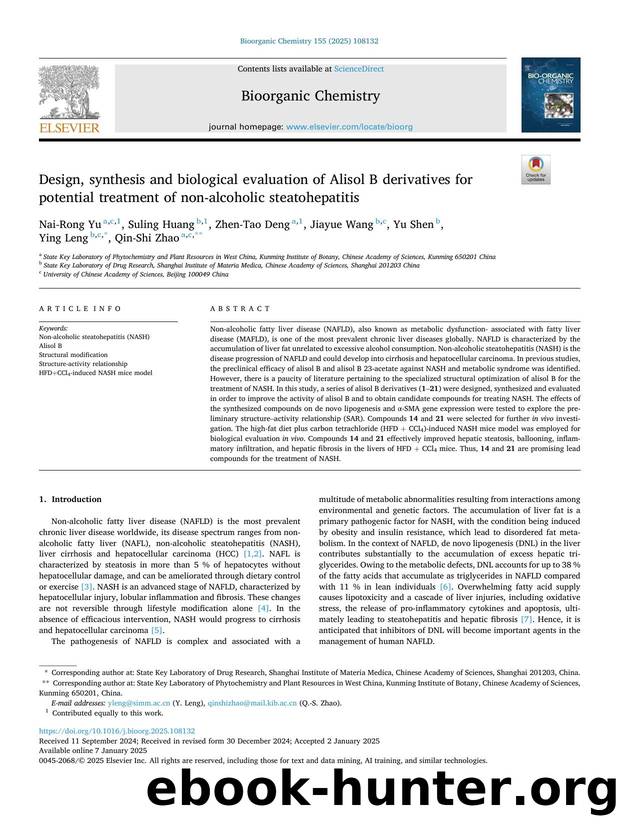 Design, synthesis and biological evaluation of Alisol B derivatives for potential treatment of non-alcoholic steatohepatitis by Nai-Rong Yu & Suling Huang & Zhen-Tao Deng & Jiayue Wang & Yu Shen & Ying Leng & Qin-Shi Zhao