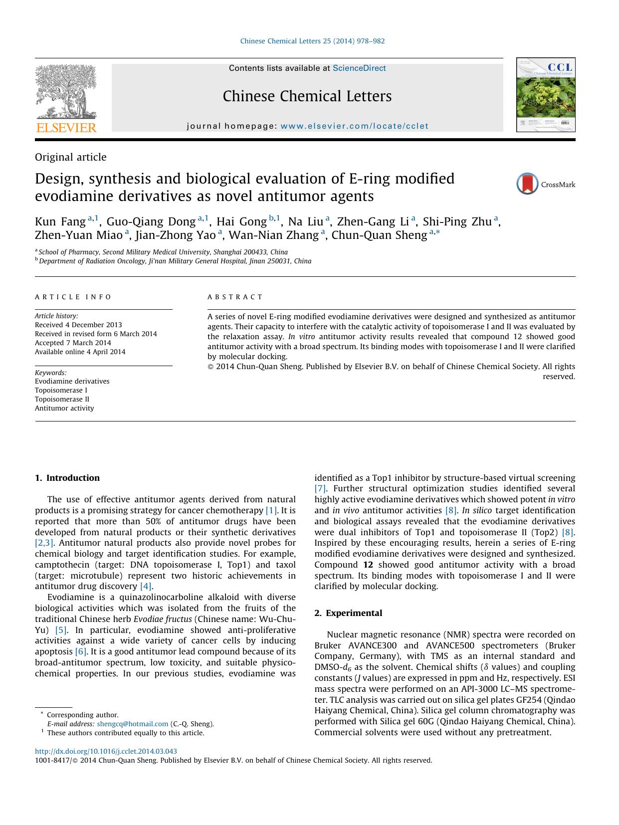 Design, synthesis and biological evaluation of E-ring modified evodiamine derivatives as novel antitumor agents by unknow
