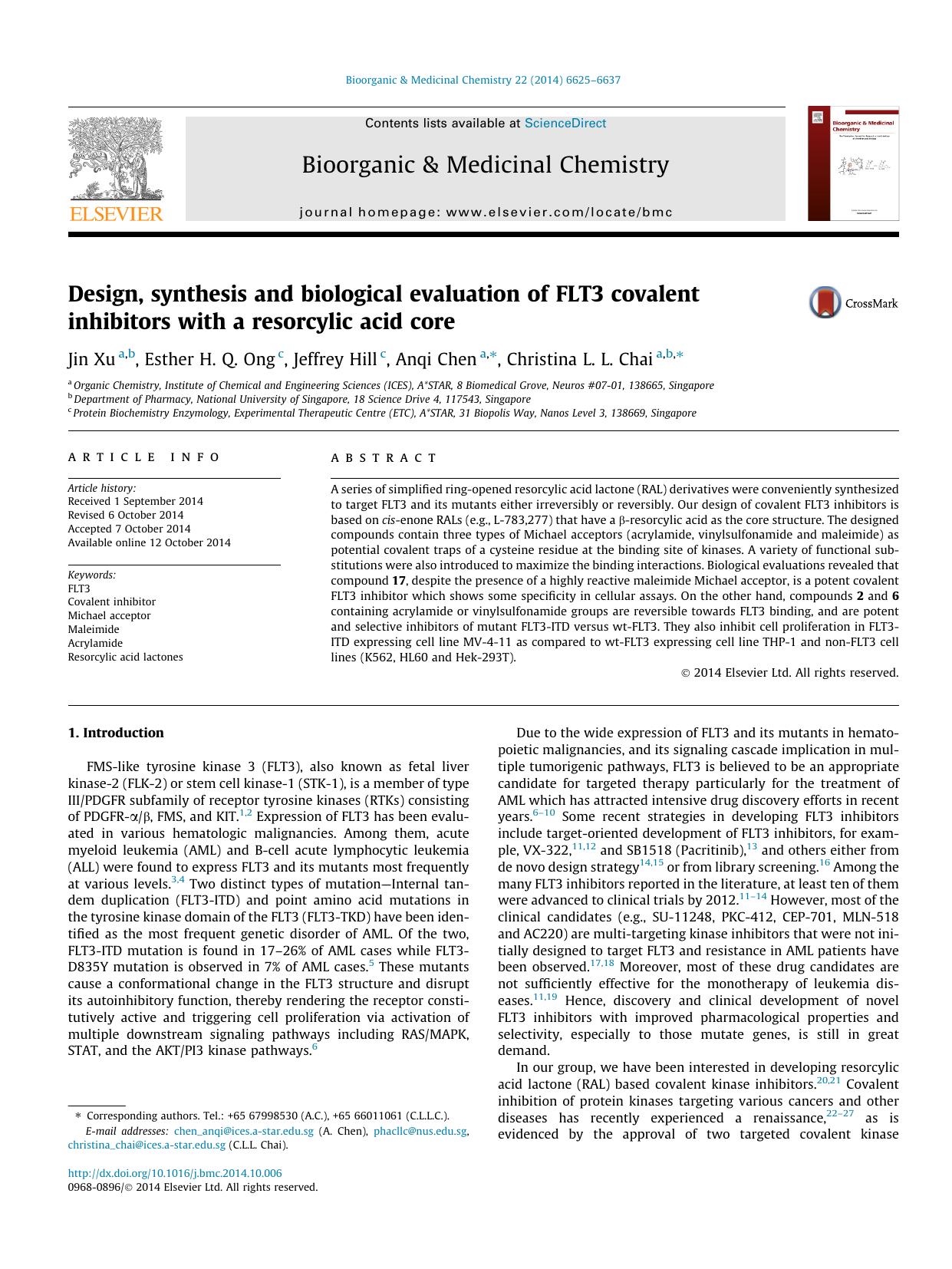 Design, synthesis and biological evaluation of FLT3 covalent inhibitors with a resorcylic acid core by Jin Xu & Esther H.Q. Ong & Jeffrey Hill & Anqi Chen & Christina L.L. Chai