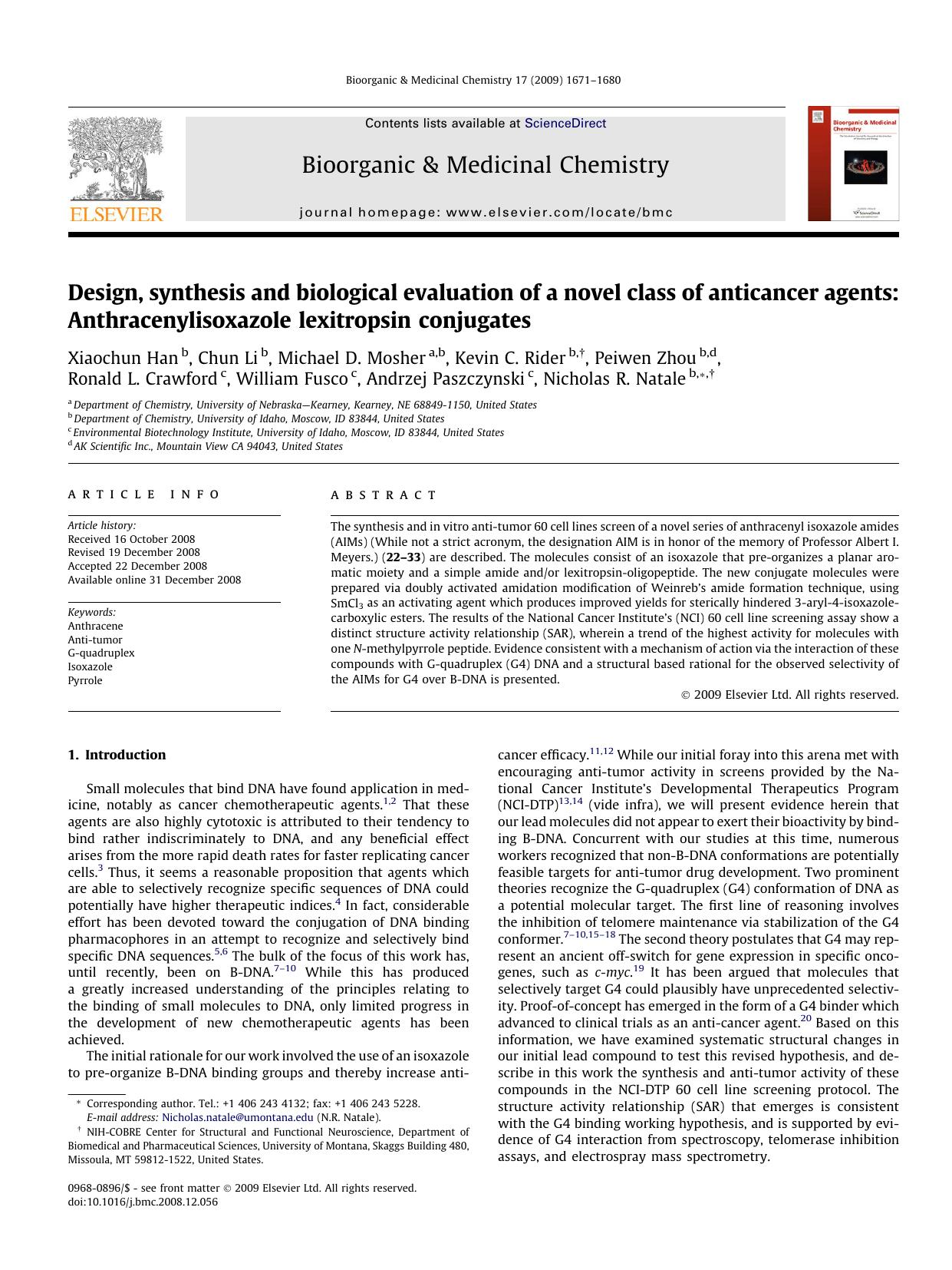 Design, synthesis and biological evaluation of a novel class of anticancer agents: Anthracenylisoxazole lexitropsin conjugates by unknow