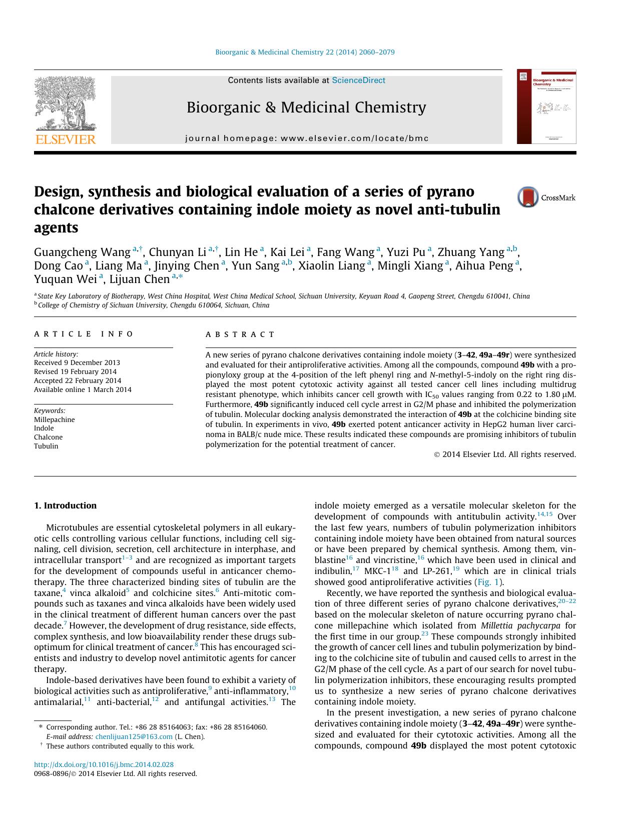 Design, synthesis and biological evaluation of a series of pyrano chalcone derivatives containing indole moiety as novel anti-tubulin agents by unknow