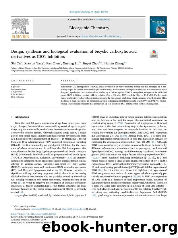 Design, synthesis and biological evaluation of bicyclic carboxylic acid derivatives as IDO1 inhibitors by Shi Cai & Xiaojun Yang & Pan Chen & Xueting Liu & Jinpei Zhou & Huibin Zhang