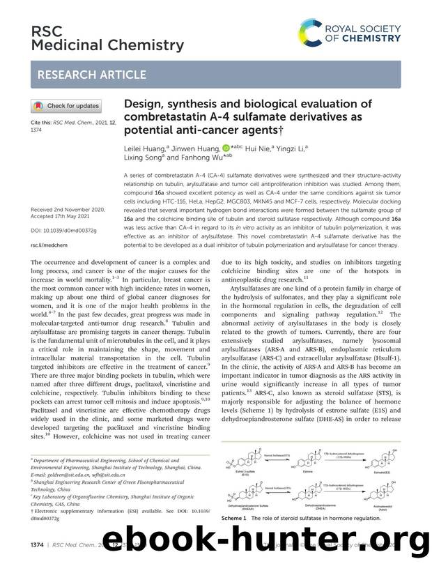 Design, synthesis and biological evaluation of combretastatin A-4 sulfamate derivatives as potential anti-cancer agents by Leilei Huang & Jinwen Huang & Hui Nie & Yingzi Li & Lixing Song & Fanhong Wu
