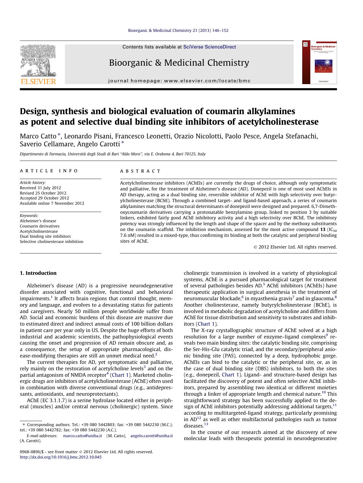 Design, synthesis and biological evaluation of coumarin alkylamines as potent and selective dual binding site inhibitors of acetylcholinesterase by unknow