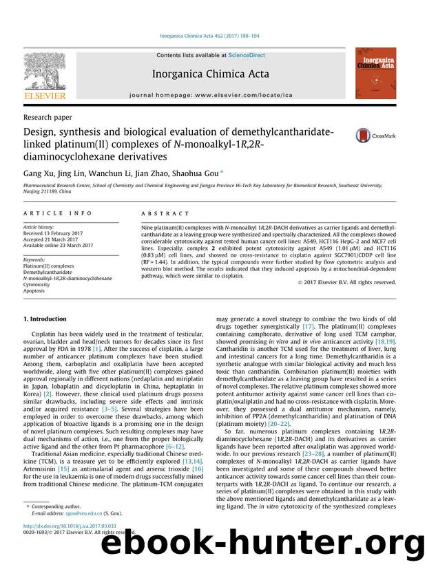 Design, synthesis and biological evaluation of demethylcantharidate-linked platinum(II) complexes of N-monoalkyl-1R,2R-diaminocyclohexane derivatives by Gang Xu & Jing Lin & Wanchun Li & Jian Zhao & Shaohua Gou