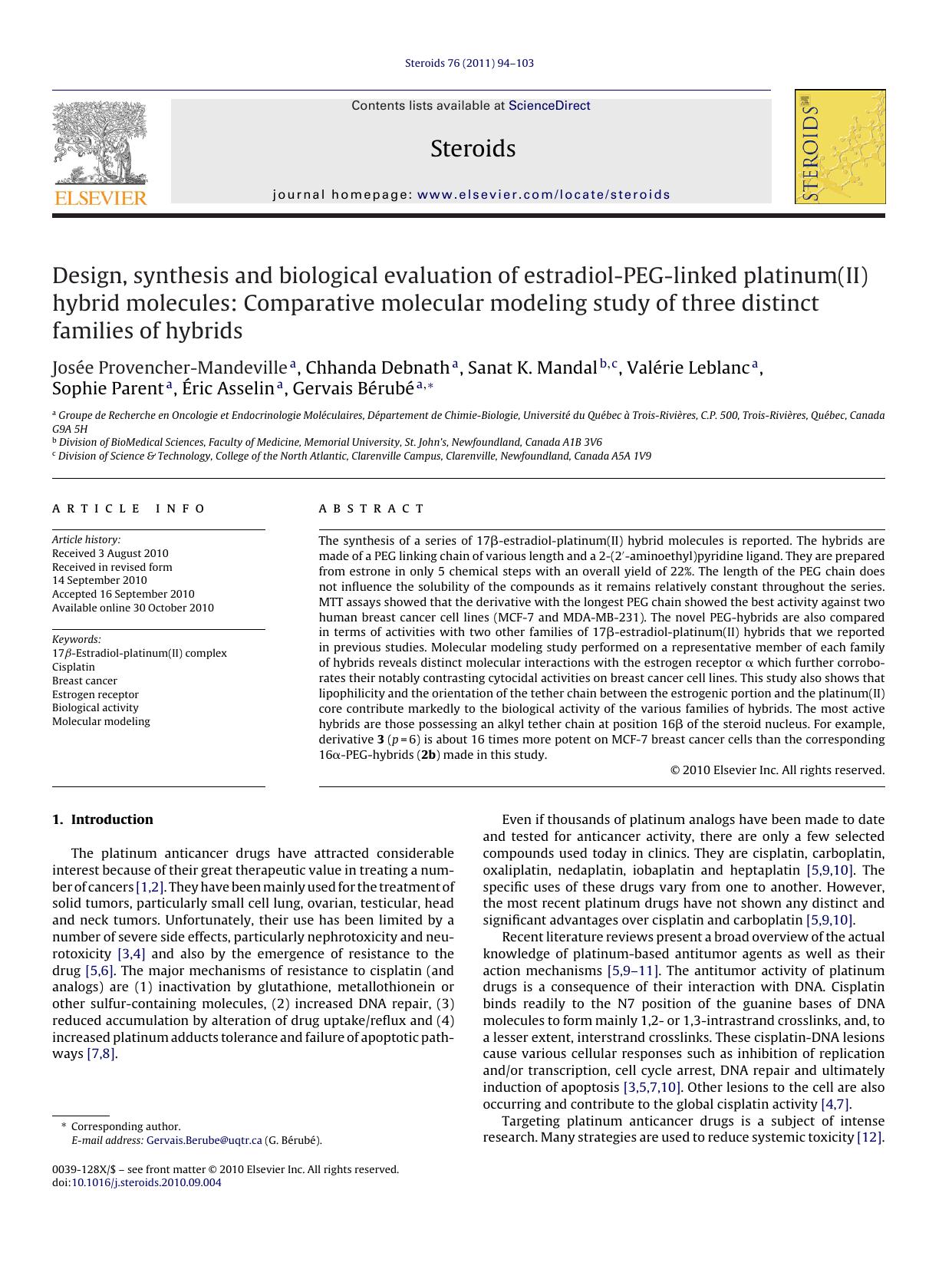 Design, synthesis and biological evaluation of estradiol-PEG-linked platinum(II) hybrid molecules: Comparative molecular modeling study of three distinct families of hybrids by JosÃ©e Provencher-Mandeville