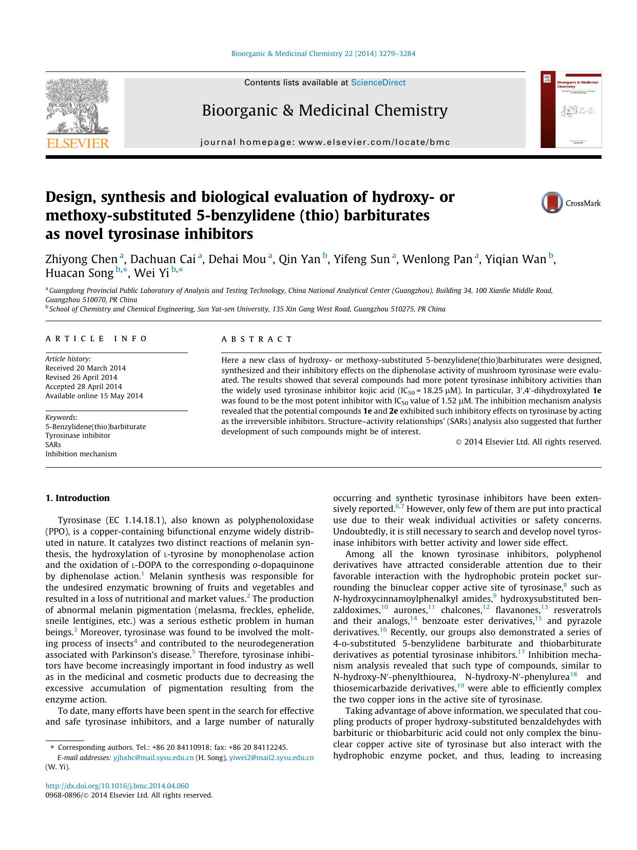 Design, synthesis and biological evaluation of hydroxy- or methoxy-substituted 5-benzylidene(thio) barbiturates as novel tyrosinase inhibitors by unknow