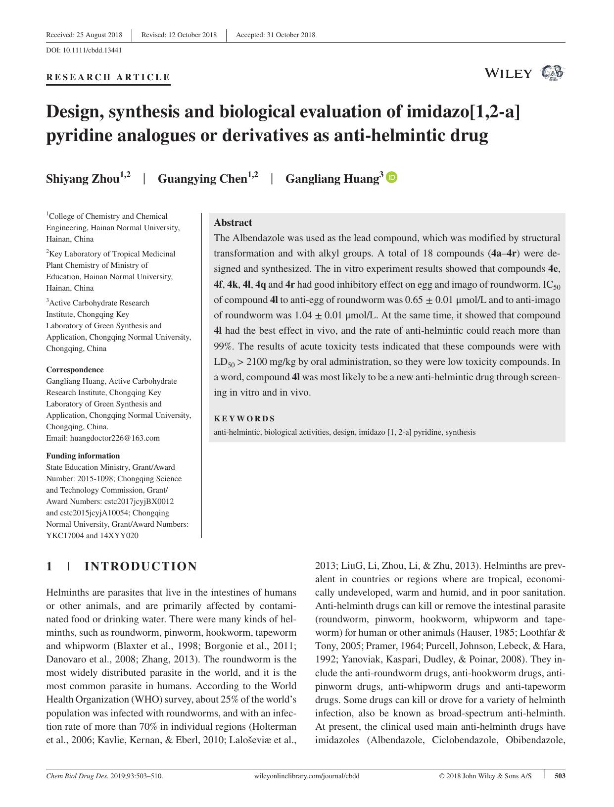 Design, synthesis and biological evaluation of imidazo[1,2‐a]pyridine analogues or derivatives as anti‐helmintic drug by unknow