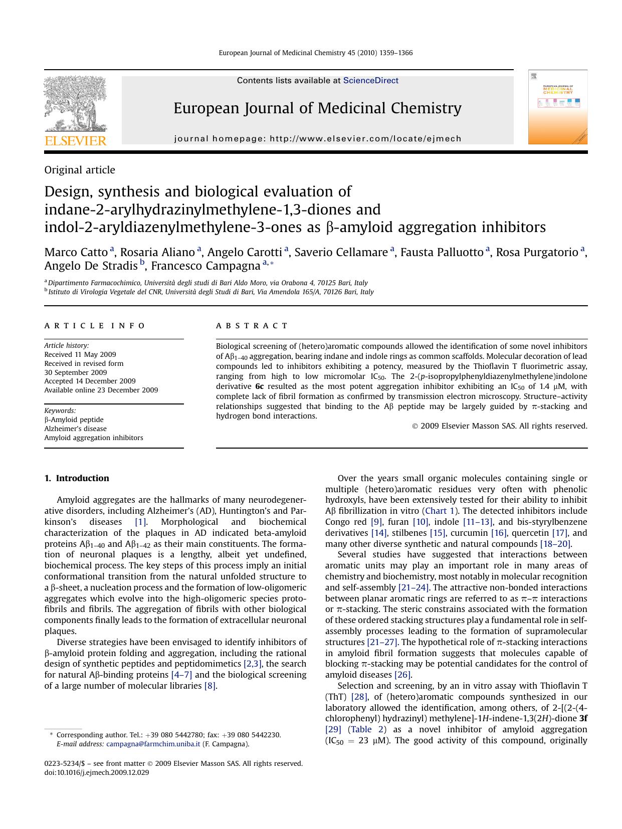 Design, synthesis and biological evaluation of indane-2-arylhydrazinylmethylene-1,3-diones and indol-2-aryldiazenylmethylene-3-ones as &beta;-amyloid aggregation inhibitors by unknow