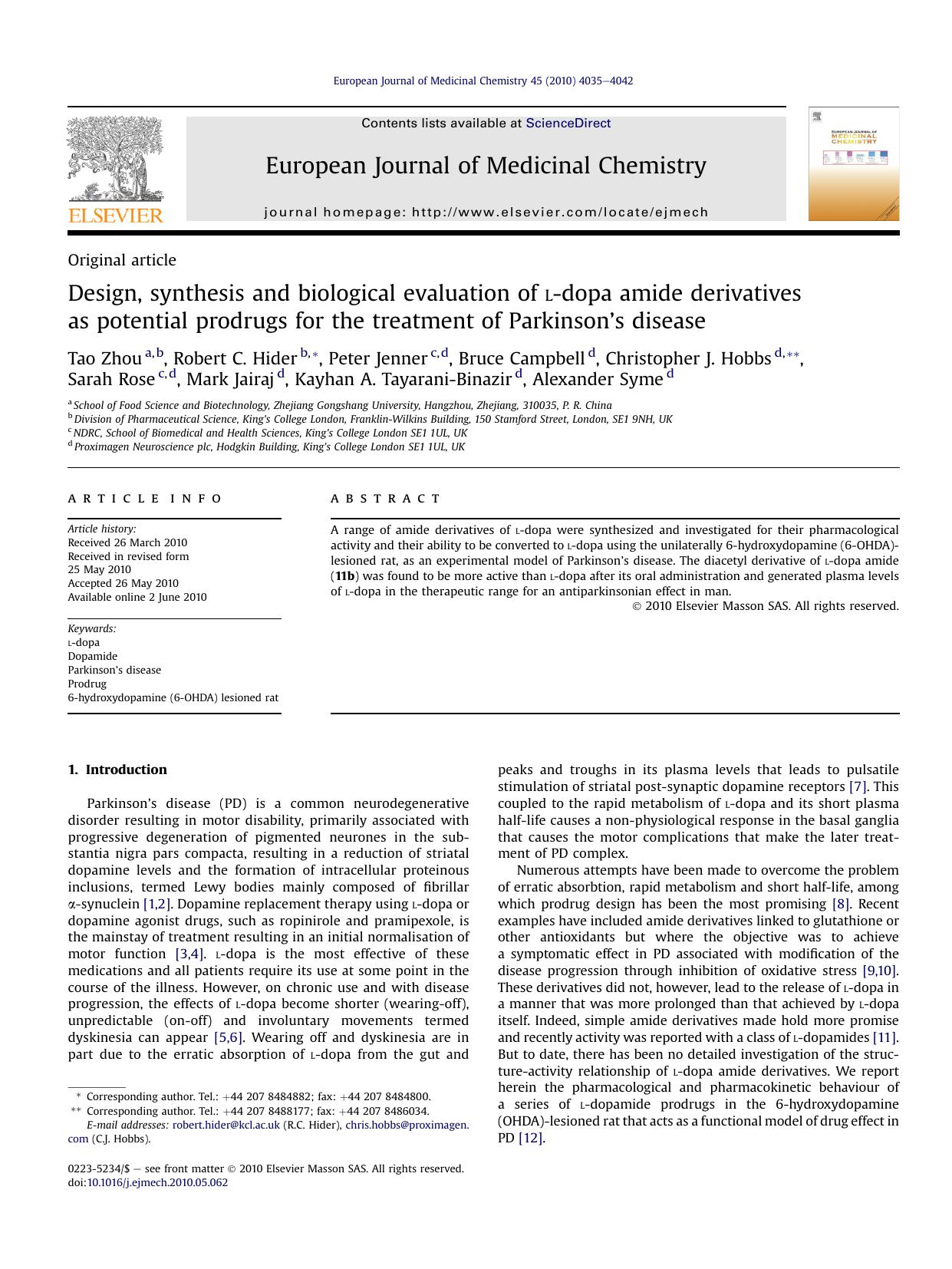 Design, synthesis and biological evaluation of l-dopa amide derivatives as potential prodrugs for the treatment of Parkinson’s disease by unknow