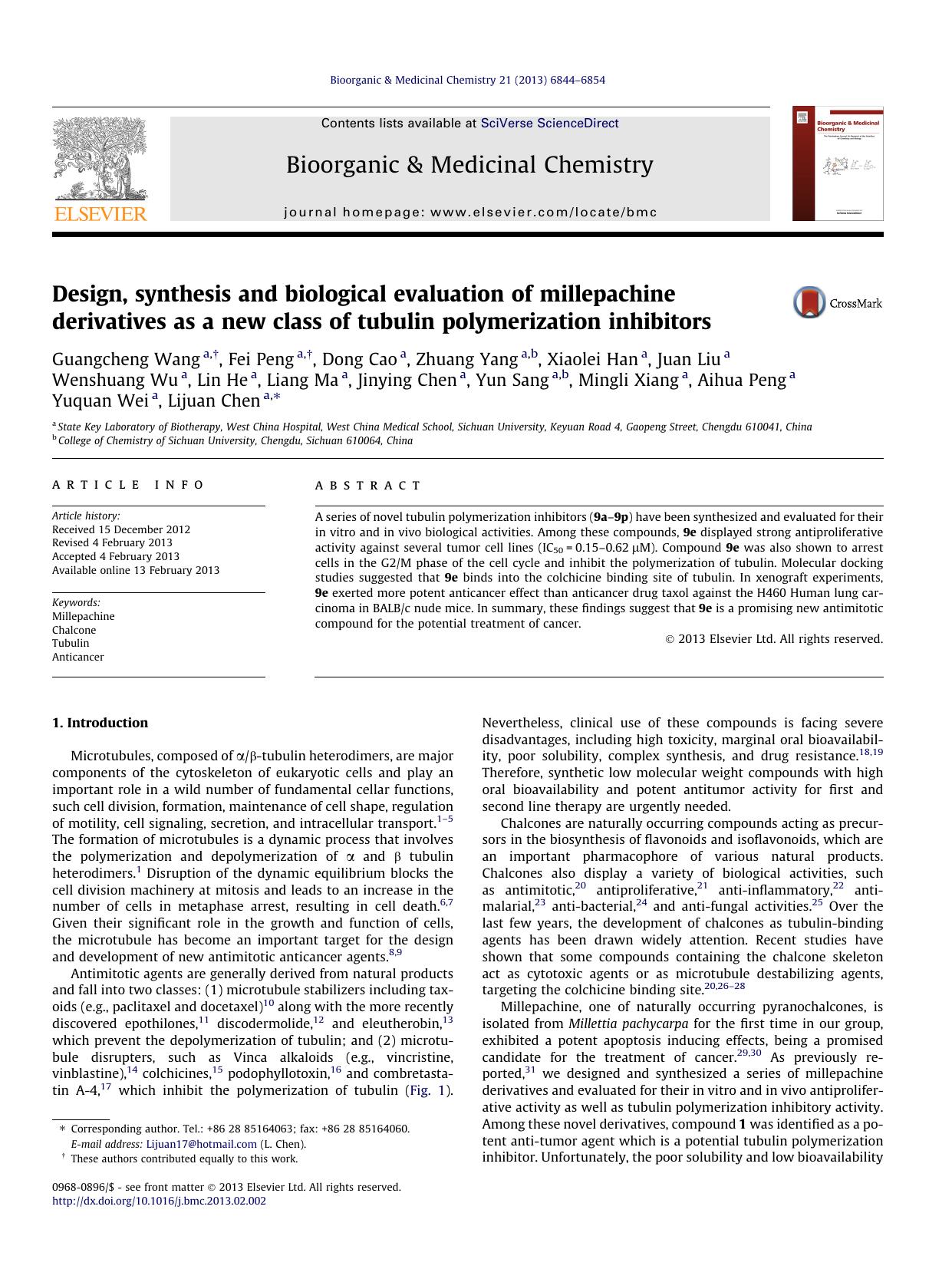 Design, synthesis and biological evaluation of millepachine derivatives as a new class of tubulin polymerization inhibitors by unknow