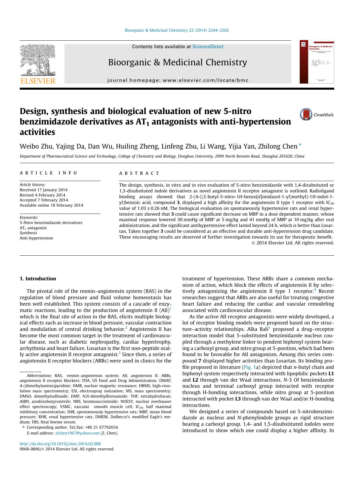Design, synthesis and biological evaluation of new 5-nitro benzimidazole derivatives as AT1 antagonists with anti-hypertension activities by Weibo Zhu & Yajing Da & Dan Wu & Huiling Zheng & Linfeng Zhu & Li Wang & Yijia Yan & Zhilong Chen