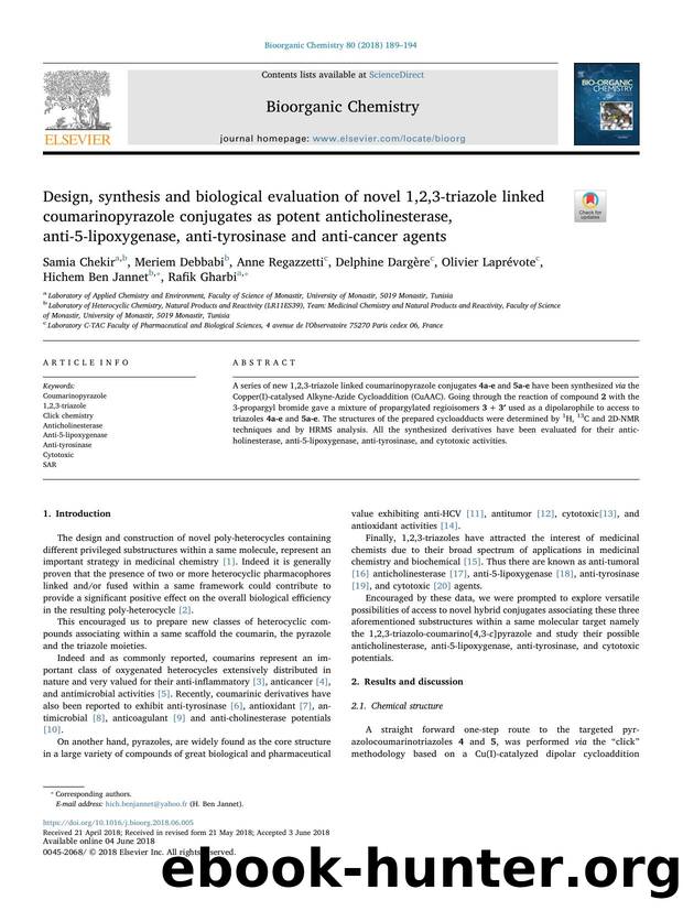 Design, synthesis and biological evaluation of novel 1,2,3-triazole linked coumarinopyrazole conjugates as potent anticholinesterase, anti-5-lipoxygenase, anti-tyrosinase and anti-cancer agents by unknow