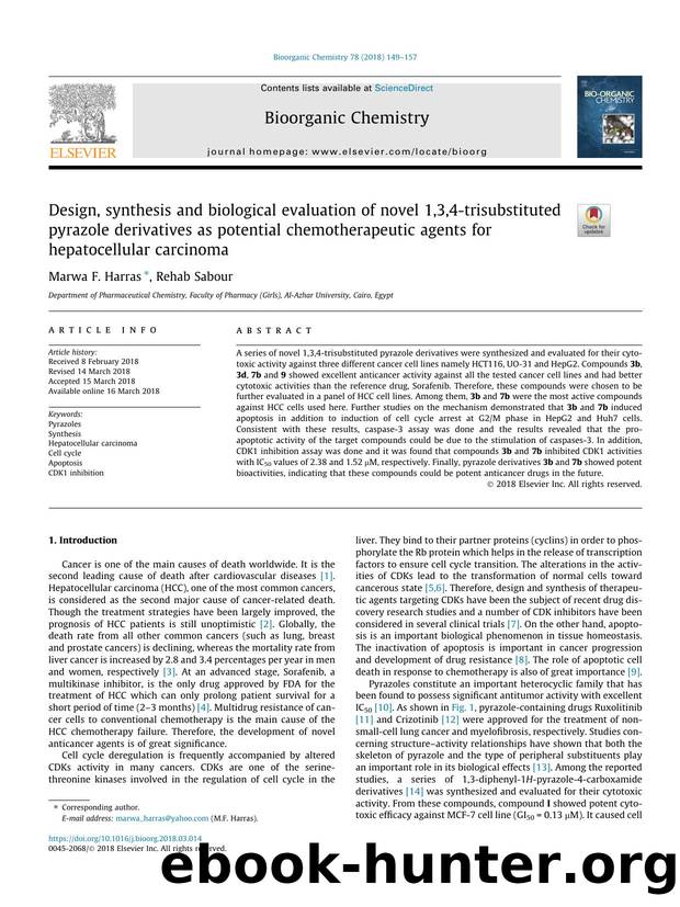 Design, synthesis and biological evaluation of novel 1,3,4-trisubstituted pyrazole derivatives as potential chemotherapeutic agents for hepatocellular carcinoma by Marwa F. Harras & Rehab Sabour