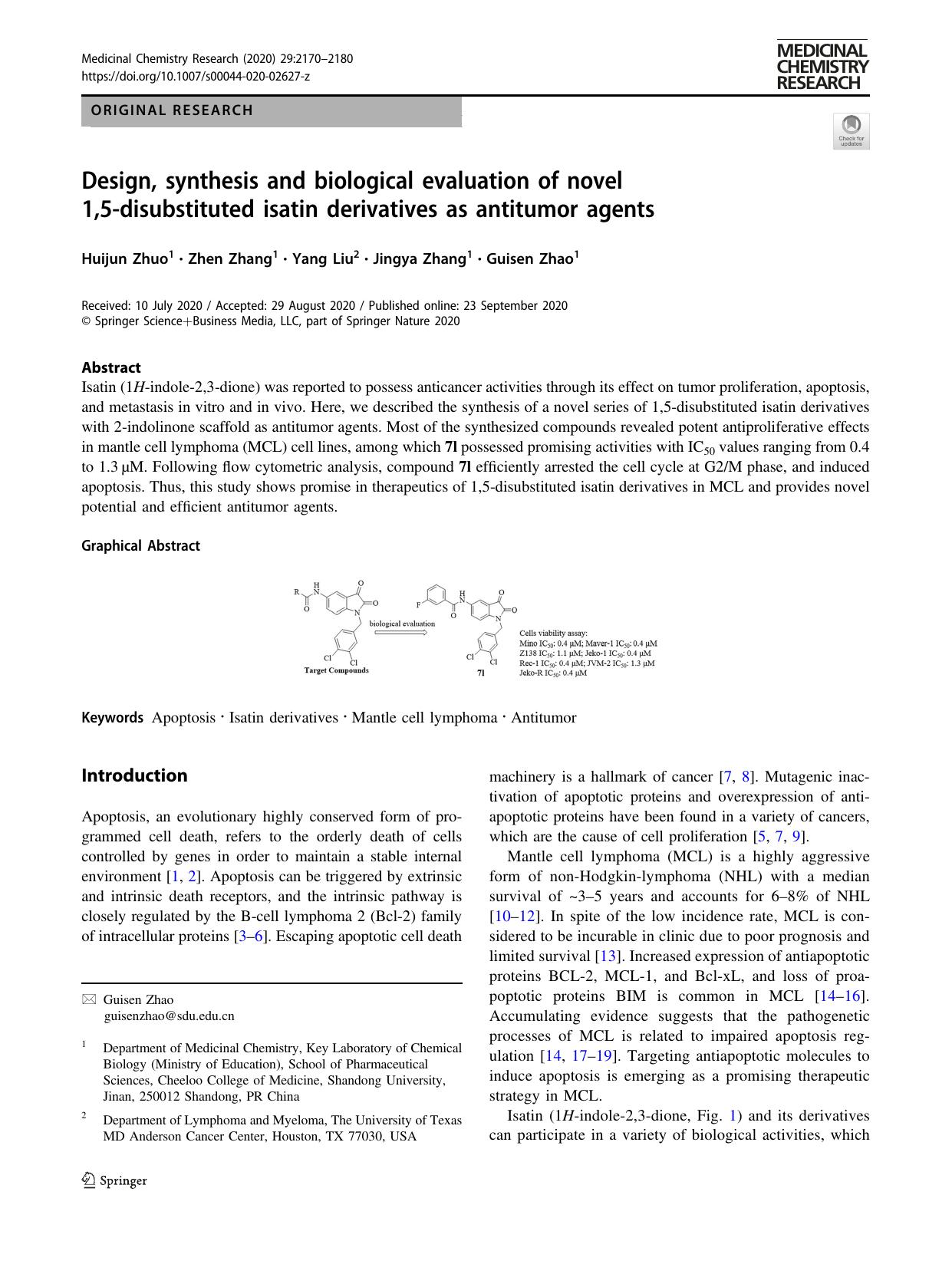 Design, synthesis and biological evaluation of novel 1,5-disubstituted isatin derivatives as antitumor agents by Huijun Zhuo & Zhen Zhang & Yang Liu & Jingya Zhang & Guisen Zhao