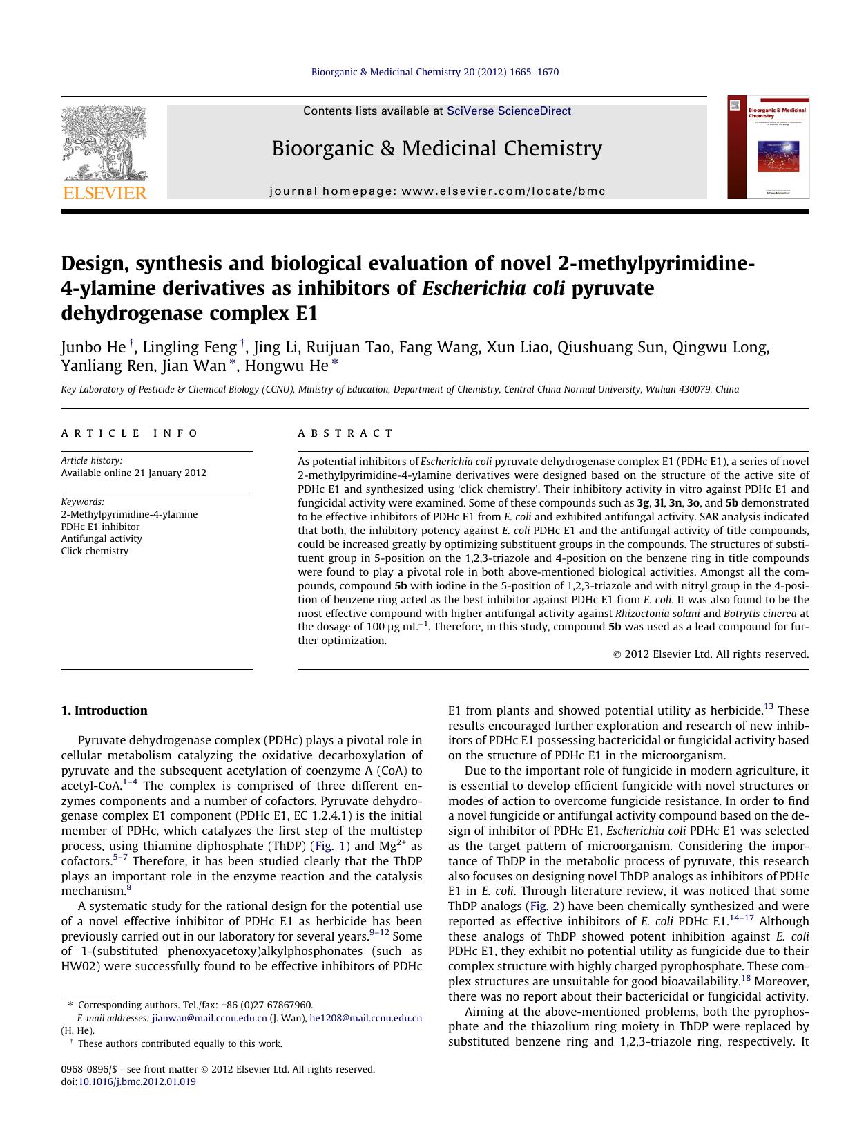 Design, synthesis and biological evaluation of novel 2-methylpyrimidine-4-ylamine derivatives as inhibitors of Escherichia coli pyruvate dehydrogenase complex E1 by unknow