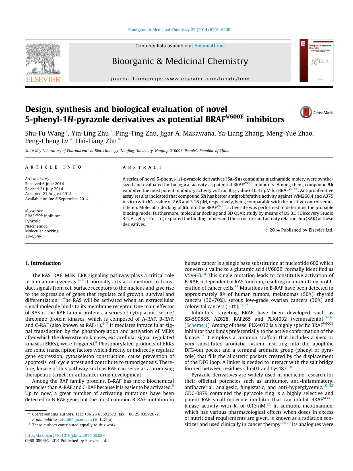 Design, synthesis and biological evaluation of novel 5-phenyl-1H-pyrazole derivatives as potential BRAFV600E inhibitors by unknow