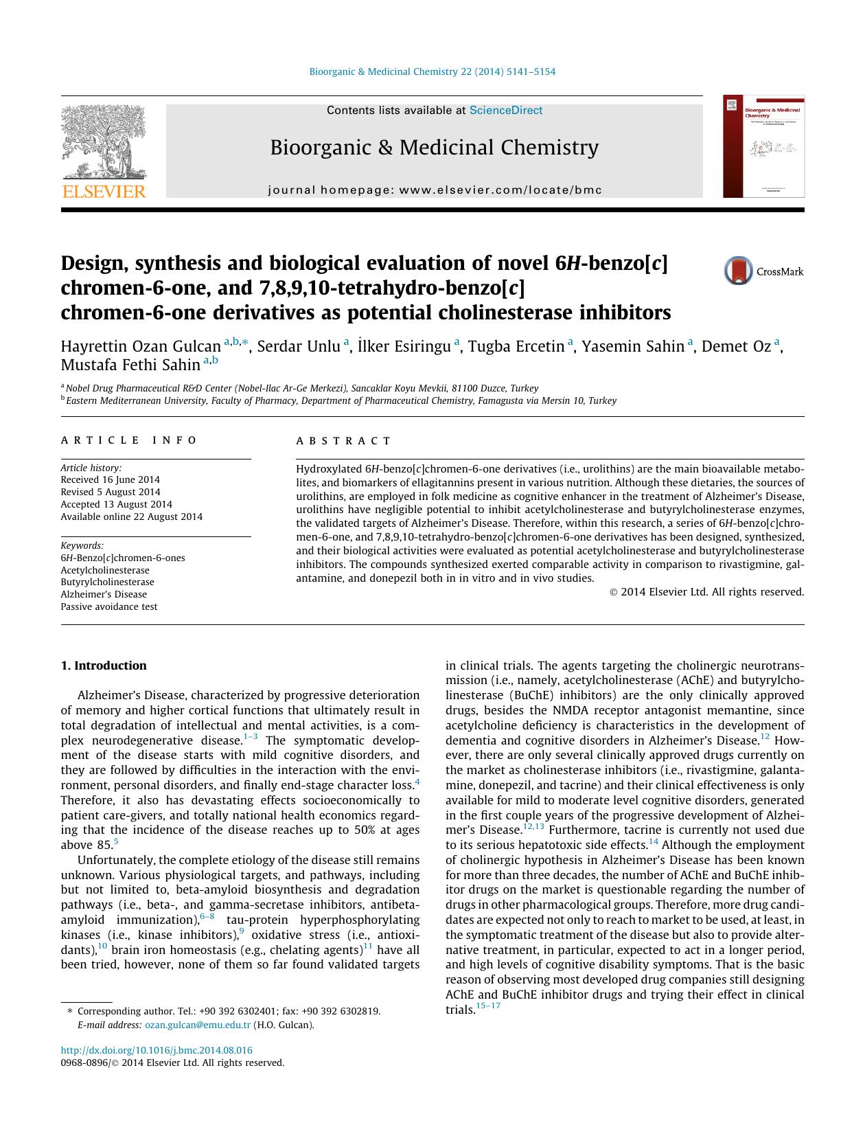 Design, synthesis and biological evaluation of novel 6H-benzo[c]chromen-6-one, and 7,8,9,10-tetrahydro-benzo[c]chromen-6-one derivatives as potential cholinesterase inhibitors by unknow