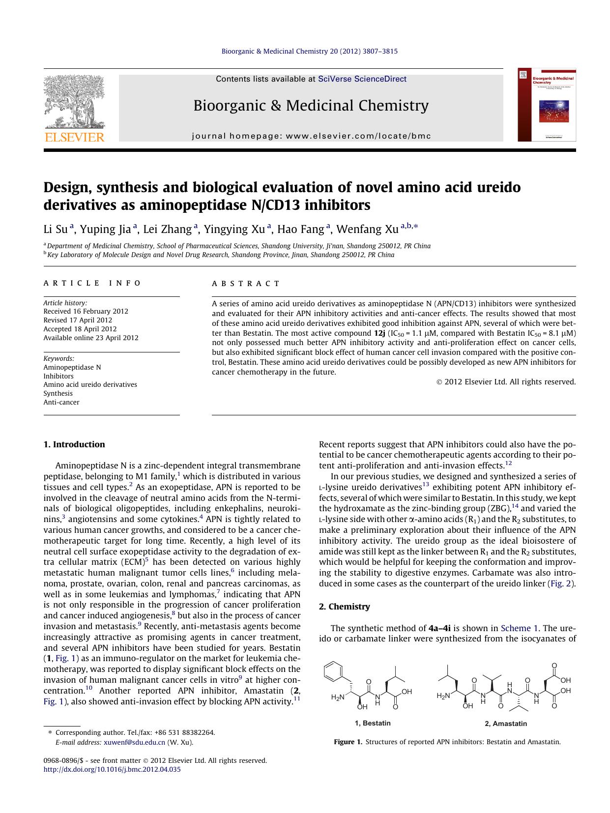 Design, synthesis and biological evaluation of novel amino acid ureido derivatives as aminopeptidase NCD13 inhibitors by Li Su & Yuping Jia & Lei Zhang & Yingying Xu & Hao Fang & Wenfang Xu