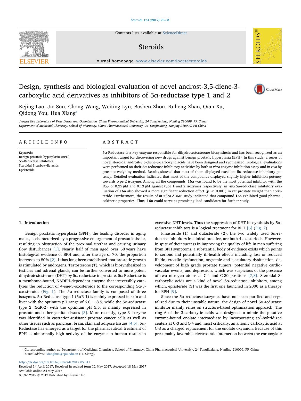 Design, synthesis and biological evaluation of novel androst-3,5-diene-3-carboxylic acid derivatives as inhibitors of 5α-reductase type 1 and 2 by unknow