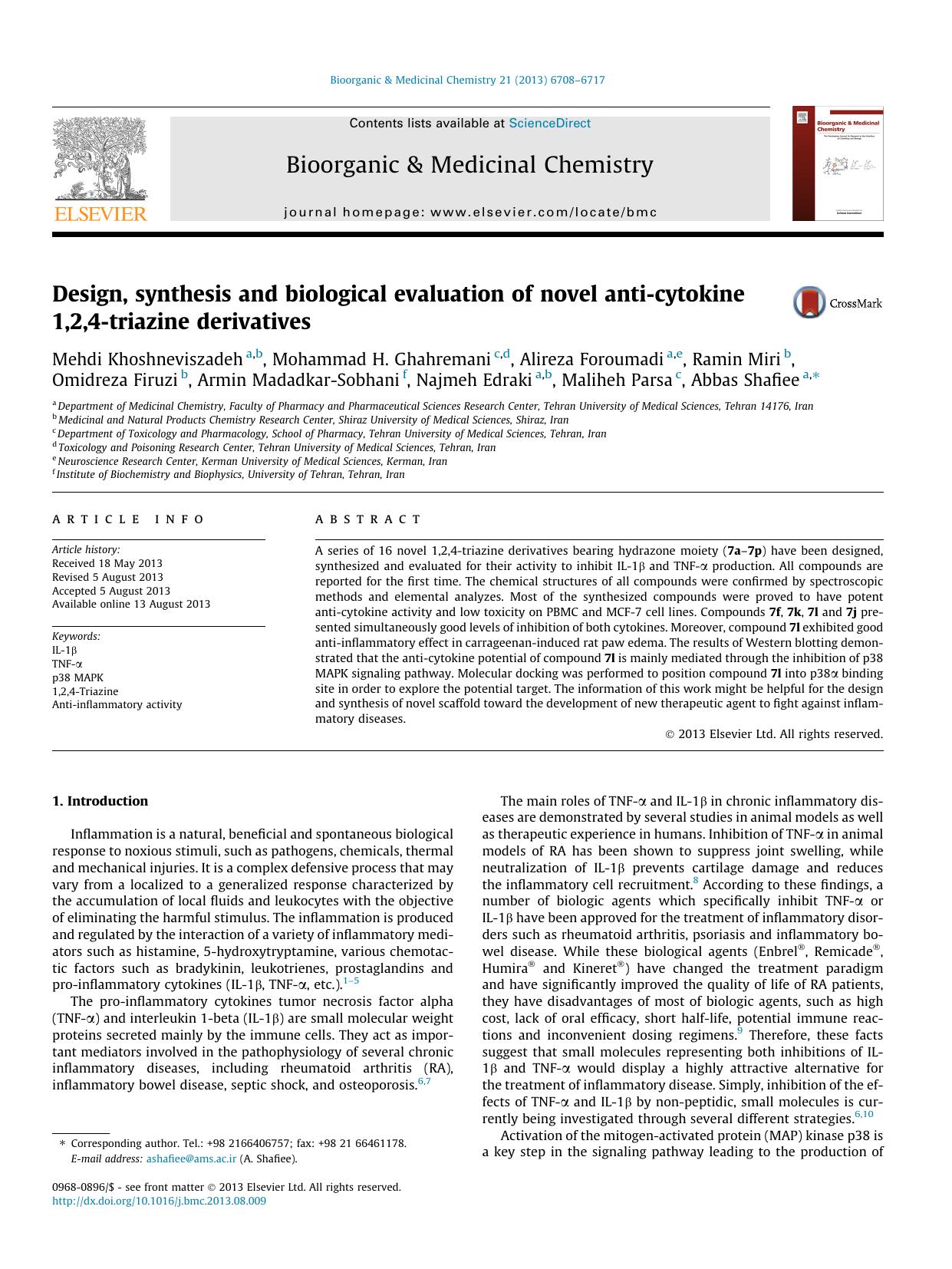Design, synthesis and biological evaluation of novel anti-cytokine 1,2,4-triazine derivatives by unknow