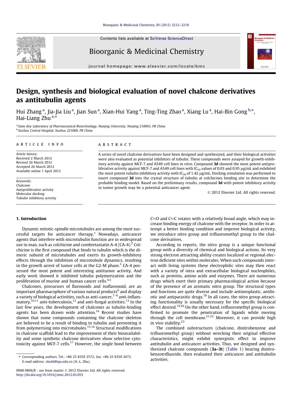 Design, synthesis and biological evaluation of novel chalcone derivatives as antitubulin agents by unknow