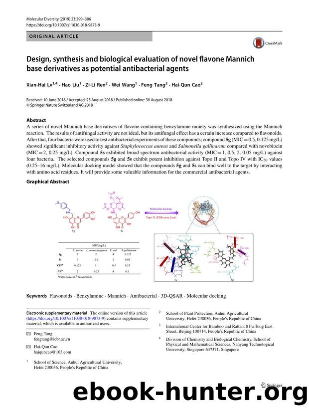 Design, synthesis and biological evaluation of novel flavone Mannich base derivatives as potential antibacterial agents by Xian-Hai Lv & Hao Liu & Zi-Li Ren & Wei Wang & Feng Tang & Hai-Qun Cao
