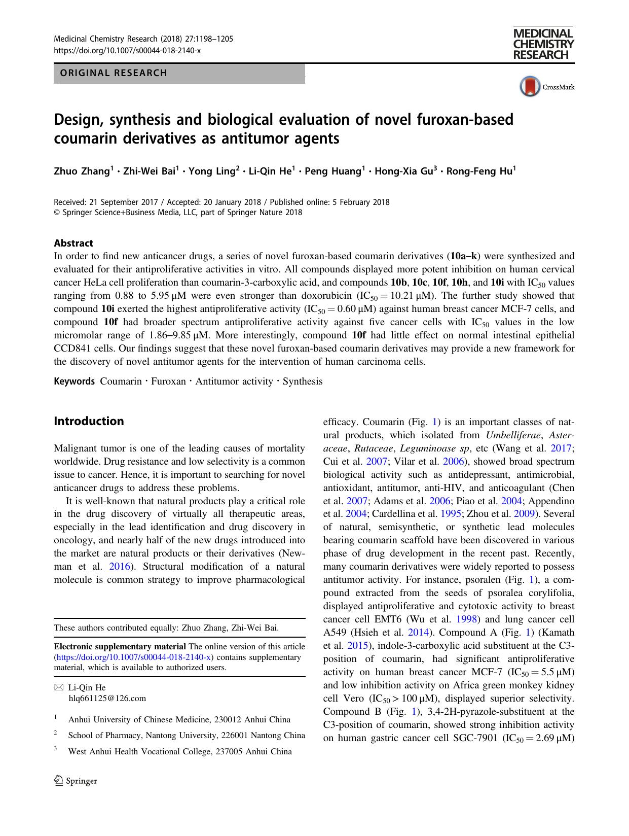 Design, synthesis and biological evaluation of novel furoxan-based coumarin derivatives as antitumor agents by Zhuo Zhang & Zhi-Wei Bai & Yong Ling & Li-Qin He & Peng Huang & Hong-Xia Gu & Rong-Feng Hu