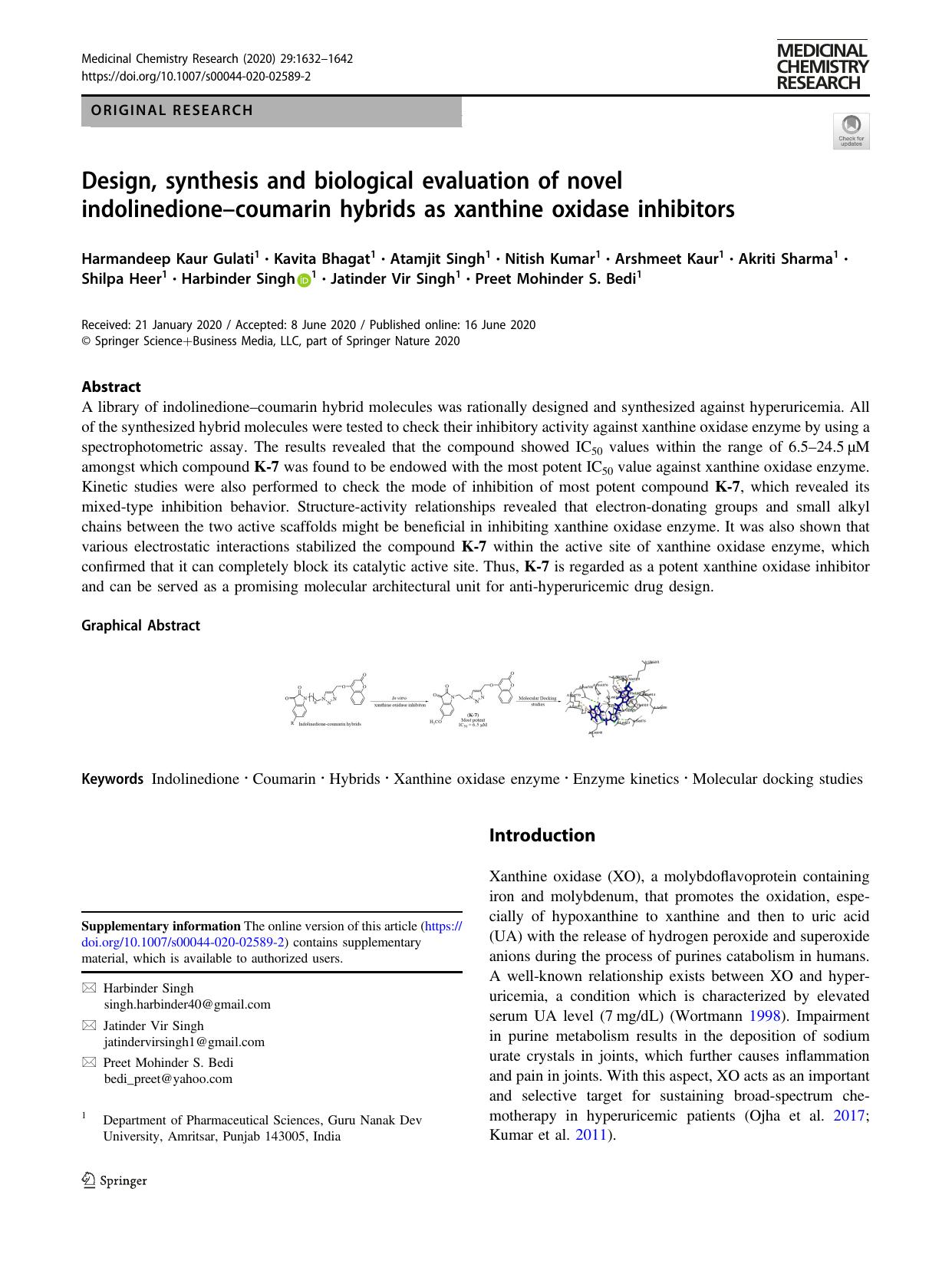 Design, synthesis and biological evaluation of novel indolinedioneâcoumarin hybrids as xanthine oxidase inhibitors by unknow