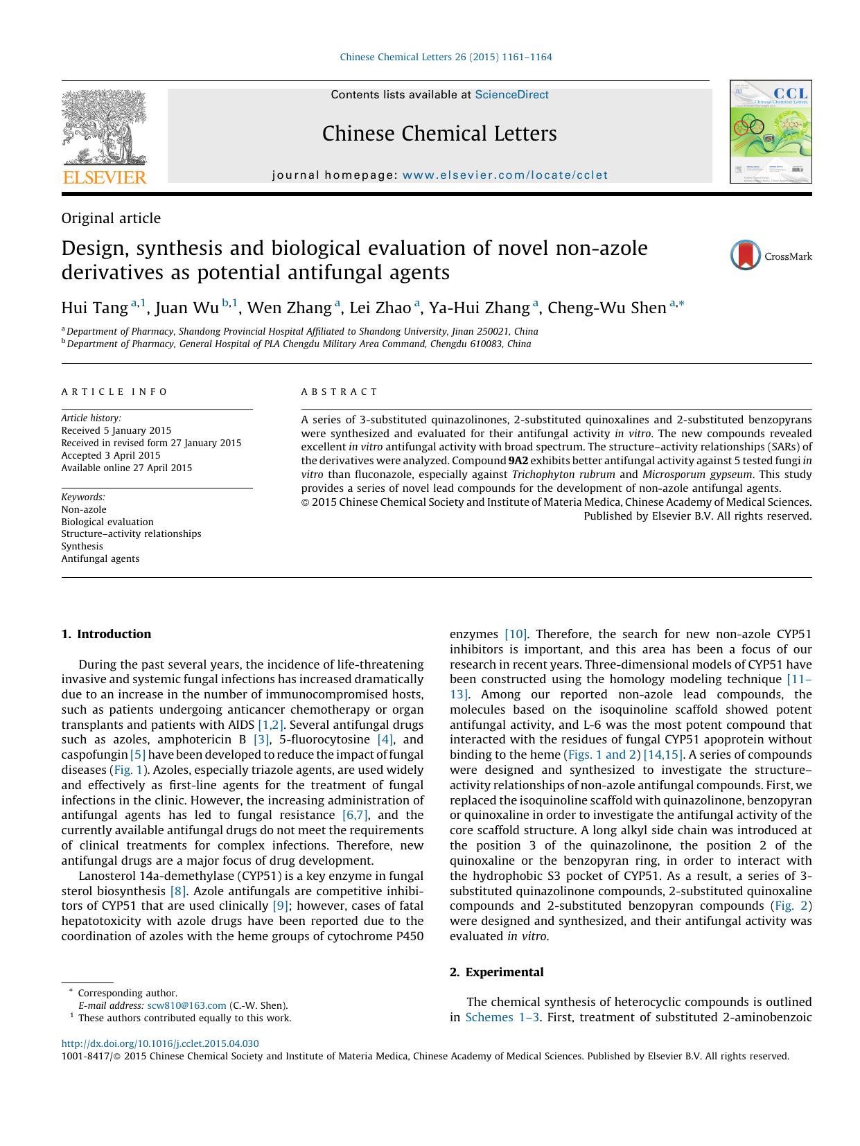 Design, synthesis and biological evaluation of novel non-azole derivatives as potential antifungal agents by Hui Tang & Juan Wu & Wen Zhang & Lei Zhao & Ya-Hui Zhang & Cheng-Wu Shen