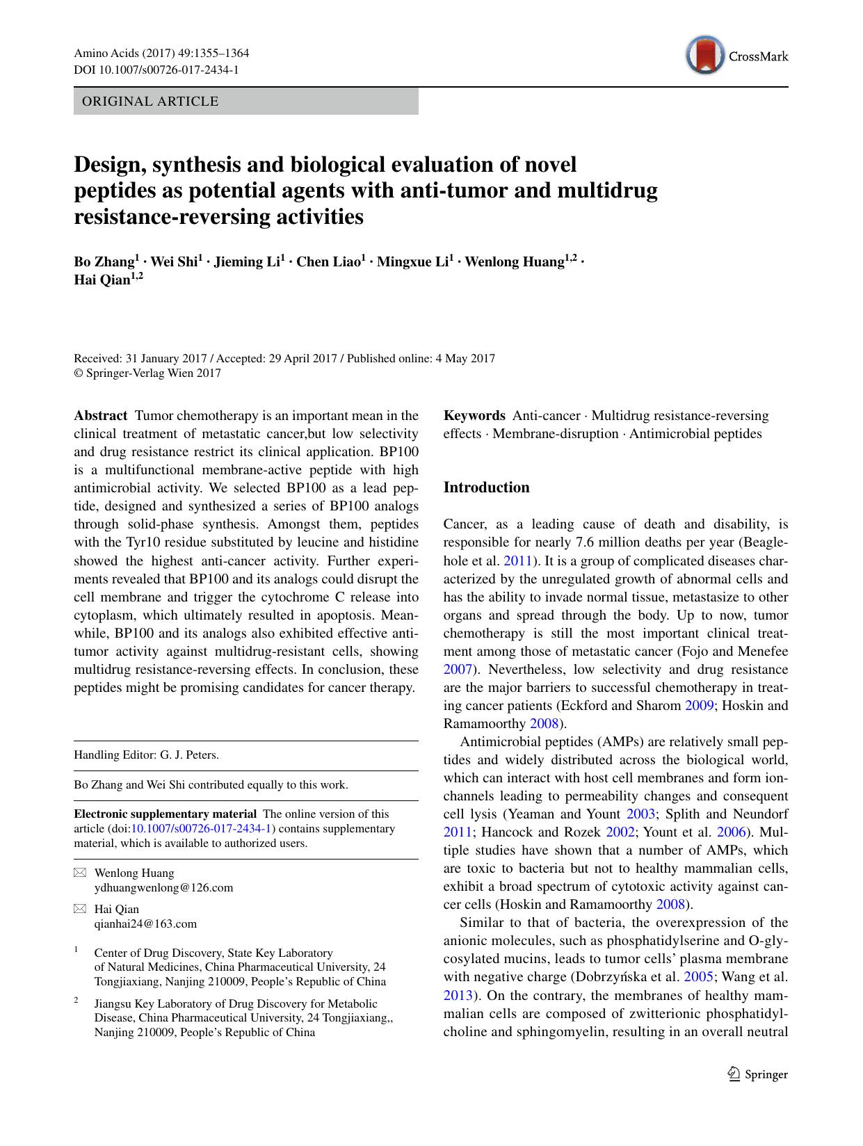 Design, synthesis and biological evaluation of novel peptides as potential agents with anti-tumor and multidrug resistance-reversing activities by Bo Zhang & Wei Shi & Jieming Li & Chen Liao & Mingxue Li & Wenlong Huang & Hai Qian