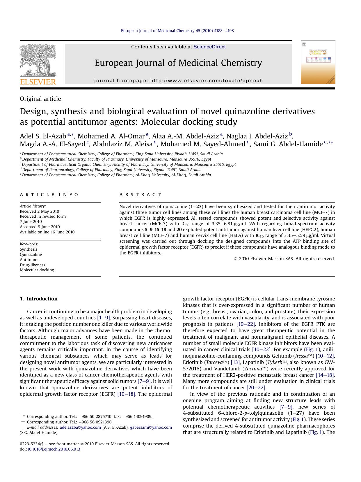 Design, synthesis and biological evaluation of novel quinazoline derivatives as potential antitumor agents: Molecular docking study by unknow