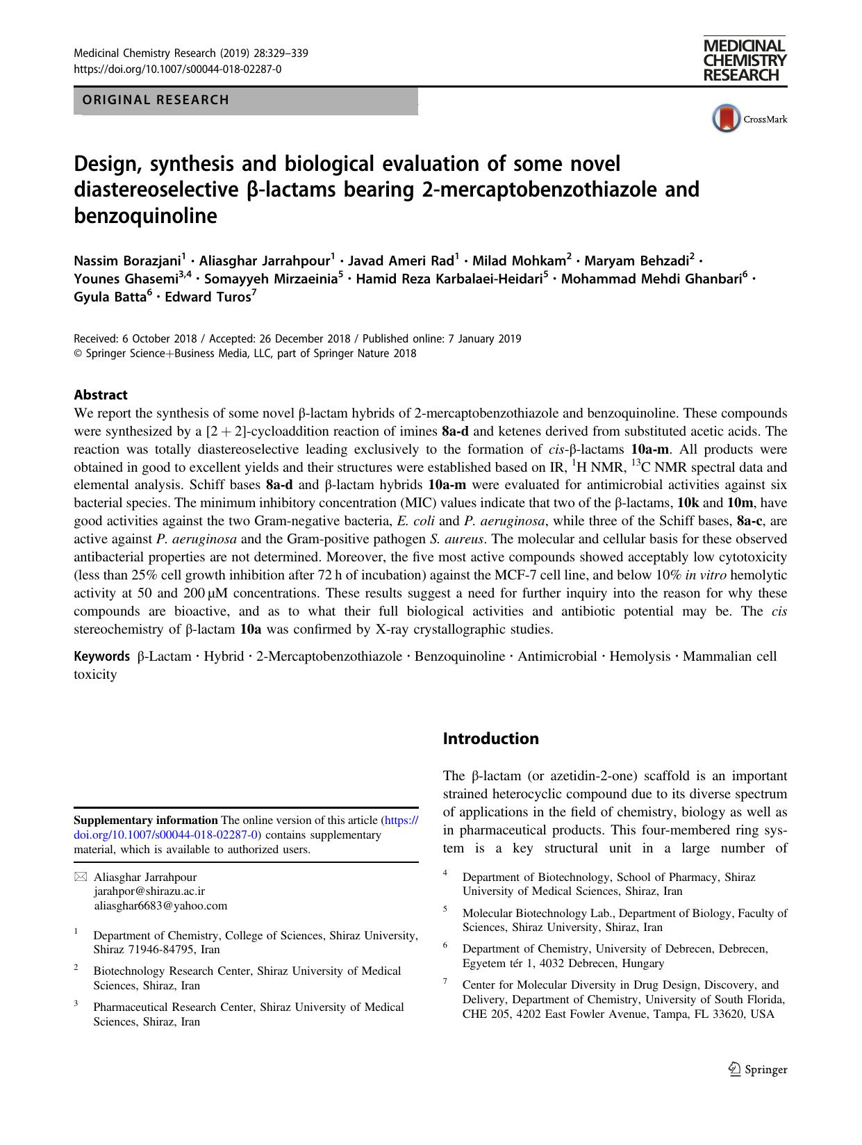 Design, synthesis and biological evaluation of some novel diastereoselective Î²-lactams bearing 2-mercaptobenzothiazole and benzoquinoline by unknow