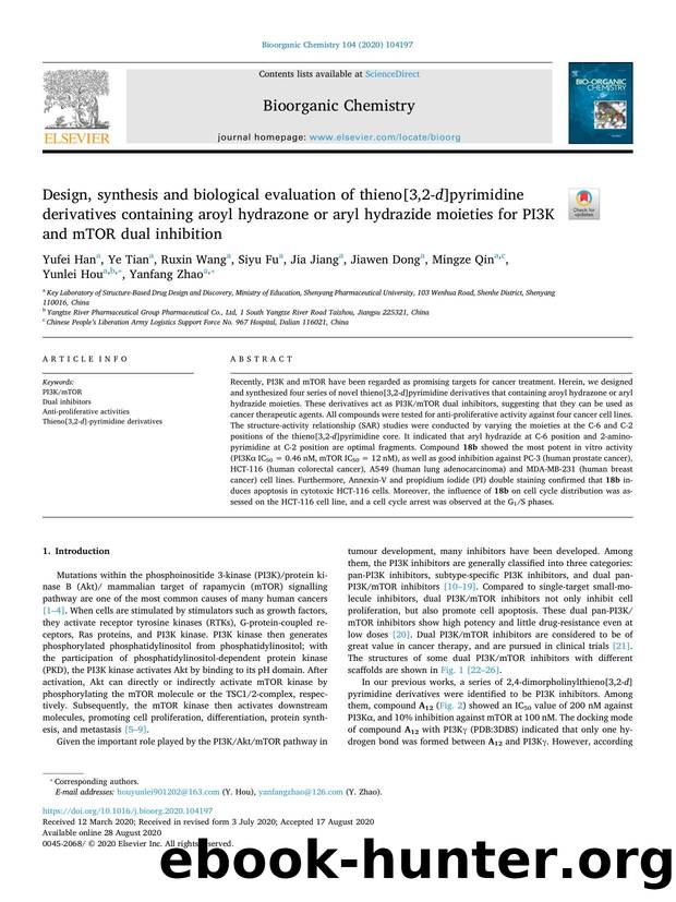 Design, synthesis and biological evaluation of thieno[3,2-d]pyrimidine derivatives containing aroyl hydrazone or aryl hydrazide moieties for PI3K and mTOR dual inhibition by unknow