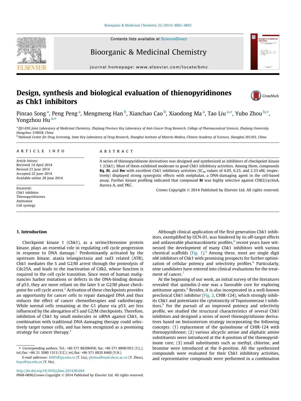 Design, synthesis and biological evaluation of thienopyridinones as Chk1 inhibitors by unknow