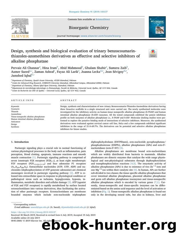Design, synthesis and biological evaluation of trinary benzocoumarin-thiazoles-azomethines derivatives as effective and selective inhibitors of alkaline phosphatase by unknow