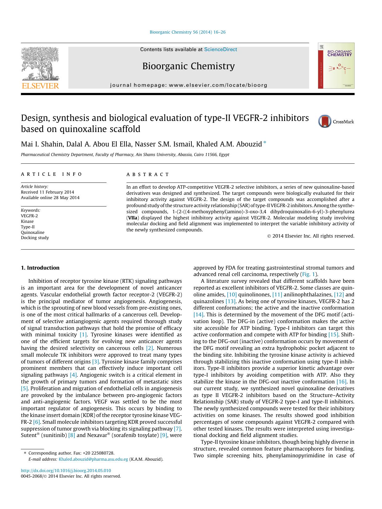 Design, synthesis and biological evaluation of type-II VEGFR-2 inhibitors based on quinoxaline scaffold by Mai I. Shahin & Dalal A. Abou El Ella & Nasser S.M. Ismail & Khaled A.M. Abouzid