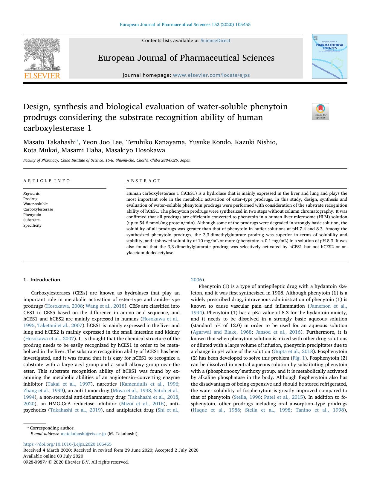 Design, synthesis and biological evaluation of water-soluble phenytoin prodrugs considering the substrate recognition ability of human carboxylesterase 1 by unknow