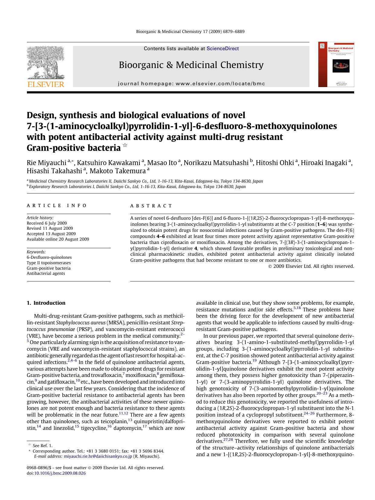 Design, synthesis and biological evaluations of novel 7-[3-(1-aminocycloalkyl)pyrrolidin-1-yl]-6-desfluoro-8-methoxyquinolones with potent antibacterial activity against multi-drug by unknow